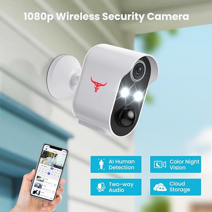 Outdoor Security Camera, Battery Powered Wireless Camera, Cloud Storage Sold Seperately, Color Night Vision, 2-Way Audio, Smart AI Motion Detection, 2.4G WiFi (2 Lights)