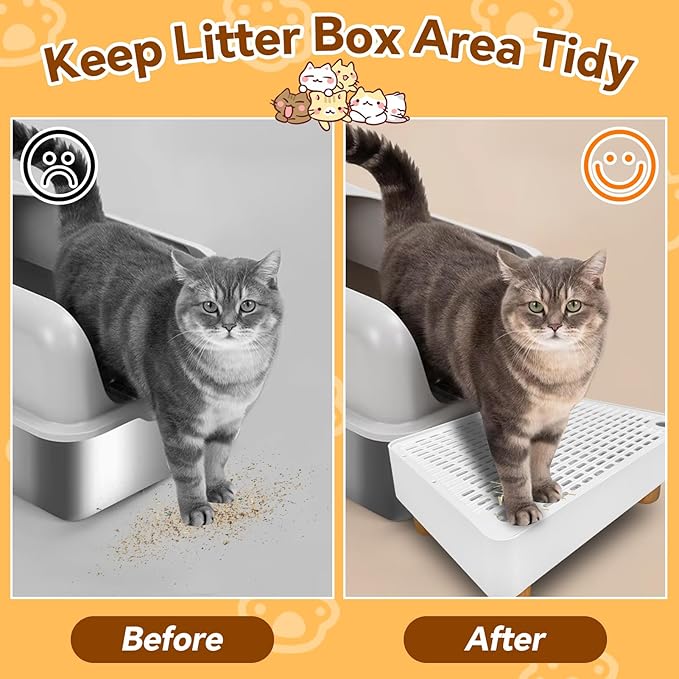 Litter Box Step,2 Steps Litter Box Ramp with Wooden Base,Cat Litter Catcher,Height-Adjustable for Small & Elderly Cats,White