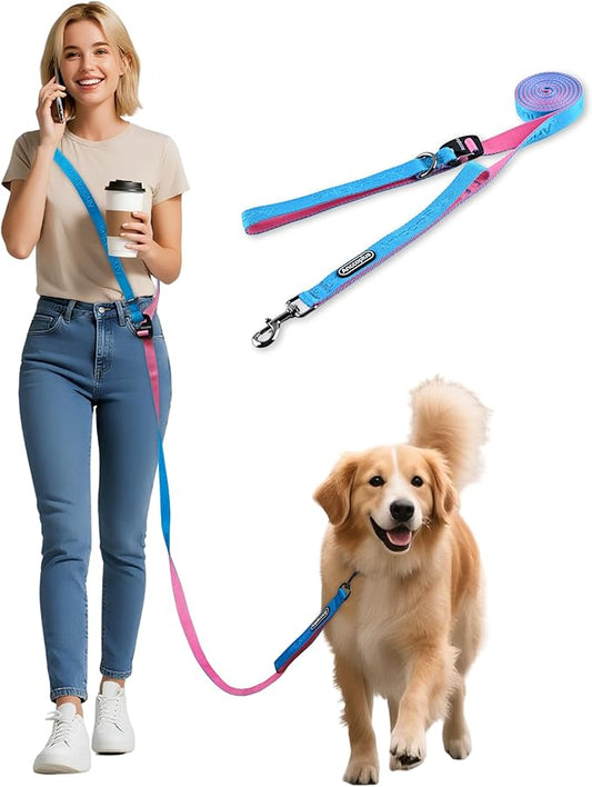 Hands Free Dog Leash, Multifunctional Crossbody Running for Dogs, Ultra-Light Dog Training Leash with Secure Clip, Short & Long Leashes, Adjustable Service Dog Leashes (Aqua Pink)