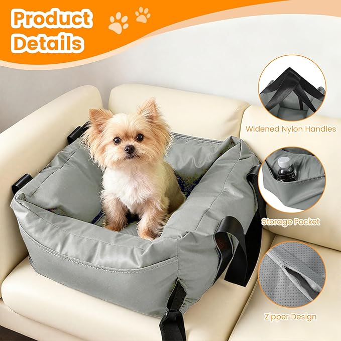 Dog Car Seat for Small Dogs, Large Leather Dog Car Bed with Storage Pocket, Waterproof PVC Leather Booster Seat Travel Bed for Front & Back Seat, Clip-On Safety Leash (Grey)