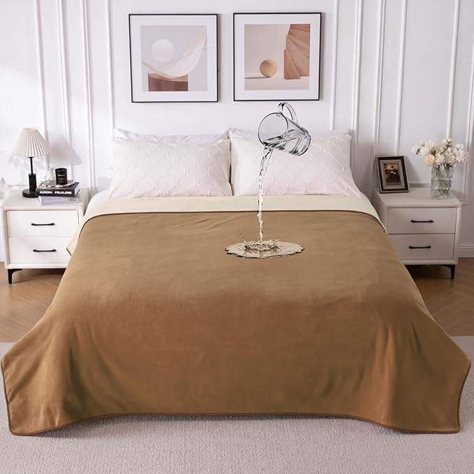 QiyI Waterproof Blanket for Bed King Size, Washable Reversible Bed Cover, Large Leakproof Stain-Resistant Furniture Protector for Travel & Camping, 80"x90", Brown/Tan
