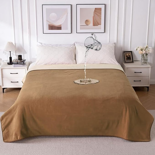 QiyI Waterproof Blanket for Bed King Size, Washable Reversible Bed Cover, Large Leakproof Stain-Resistant Furniture Protector for Travel & Camping, 80"x90", Brown/Tan