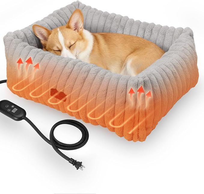 Heated Cat Bed Indoor, Pet Bed with 6 Temperature & 5 Timer Settings, Fluffy Cat Couch with Removable Machine-Washable Cover for Dogs Kitten Puppy in Winter, UL & FCC Certified, Medium, Grey