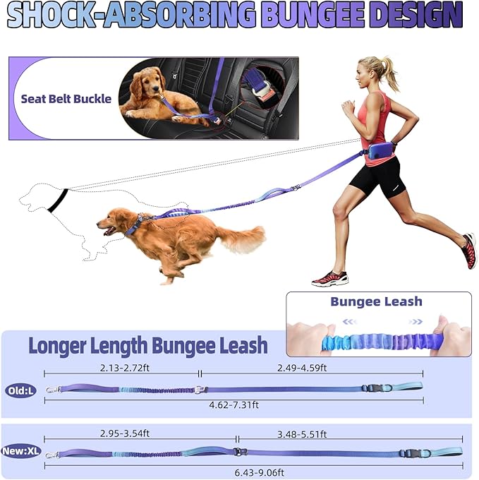 Roses&Poetry Hands Free Dog Leash with Zipper Pouch, 6-9ft Bungee Waist Leash for Medium Large Dogs Walking, Running Lead with Dual Padded Handles Car Safety Buckle for Training Jogging