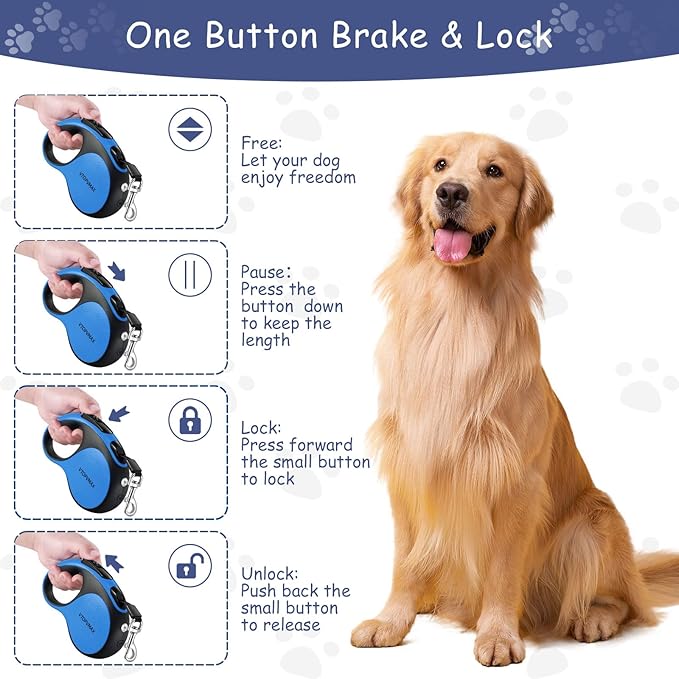 16Ft Retractable Dog Leash - for Small to Medium Dogs Up to 66lbs, Heavy Duty Retractable Leash with Light Rechargeable, Quick Lock Braking & Non-Slip Handle (Blue)