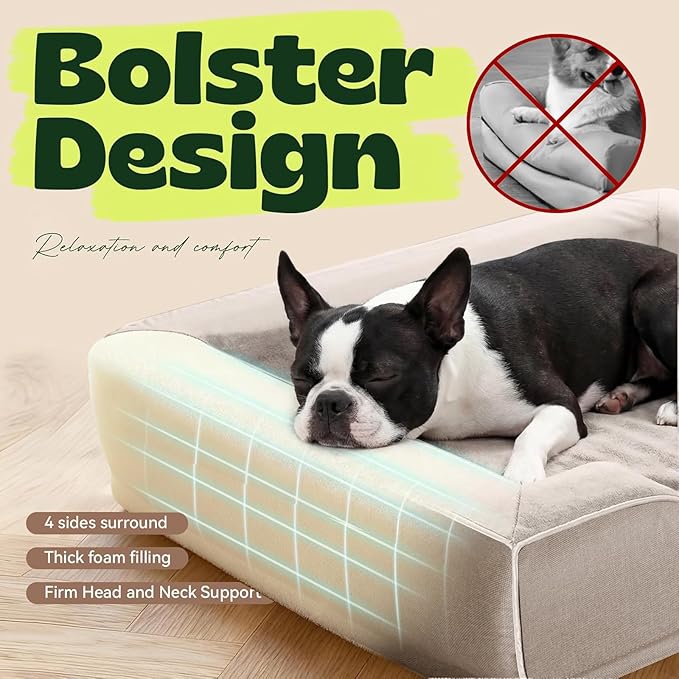 Cooling Dog Beds for Large Dogs with Removable Faux Fur Washable Covers,Waterproof Orthopedic Pet Couch Bed with Cool Gel Memory Foam and Bolster Side for Senior Pets,36" x 27" x 6.5" Beige