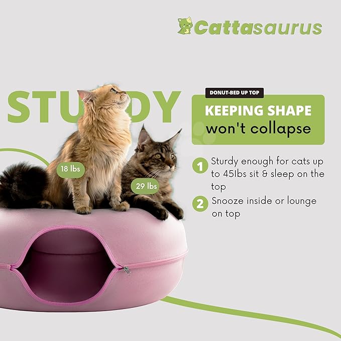 Cattasaurus Peekaboo Cat Cave Donut for Multiple & Large Cats up to 30-45 lbs, 3-in-1 Self Warming Cat Bed, Tunnel & Scratcher for Indoor Cats, Washable & Detachable Small Dog Bed (Pink, Jumbo)