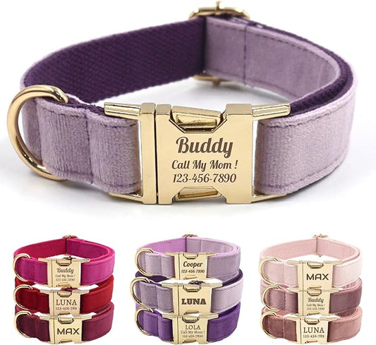 CHRYMPETIC Velvet Personalized Dog Collar with Name - Customizable Dog Collar with Quick Release Metal Buckle - Leash and Bow Tie Available (Light Purple, XS)