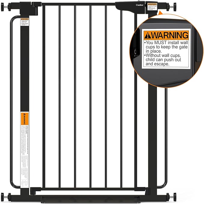 Cumbor 36" Extra Tall Baby Gate for Stairs, 29.7-57" Extra Wide Dog Gate for Doorways Hallways, Pressure Mounted Child Gate for Wide Opening, Auto Close Personal Safety for Babies and Pets, Black