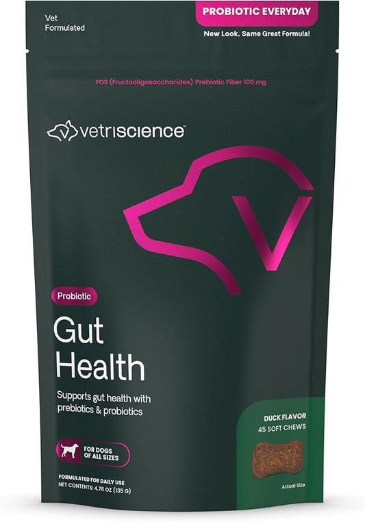 VetriScience Gut Health Chews, Probiotic Everyday Digestive Supplement for Dogs, Pet Probiotics for Digestion Support, Gas and Diarrhea, Immune Support, 1 Billion CFU Per Chew, Duck, 45 Count