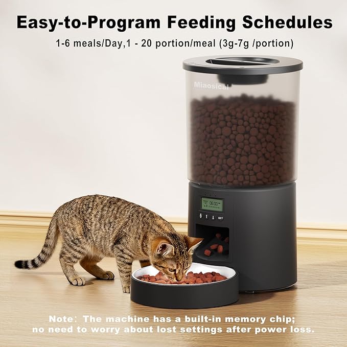 Automatic Cat Feeder with Dual Power Supply,Programmable 1-6 Meals Control Dry Cat Food Dispenser for Small Dog,Flexible Schedule Timer,10S Voice Record (Black, 4.2L Basic Model)