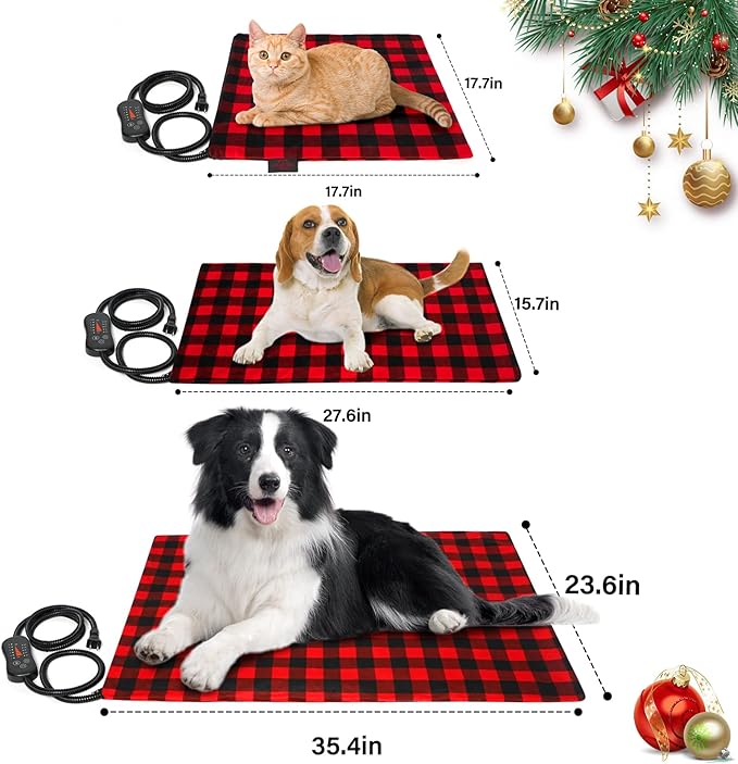 Pet Heating Pad, Adjustable Temperature Heated Cat Bed with Timer, Outdoor Waterproof Heated Dog Bed with Anti-Chew Cord, Overheat Protection Warming Mat for Cats and Puppies (S:17.7"x17.7")