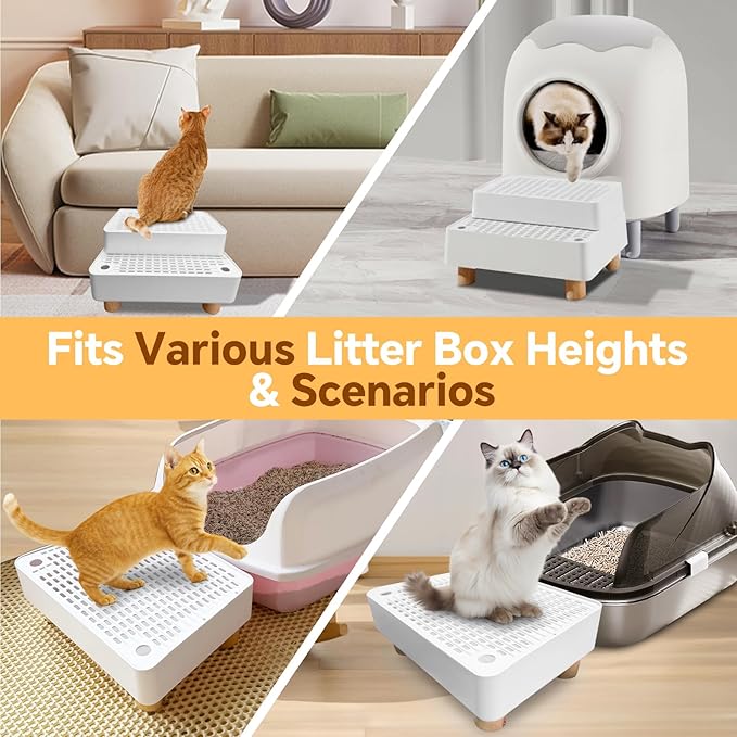 Litter Box Step,2 Steps Litter Box Ramp with Wooden Base,Cat Litter Catcher,Height-Adjustable for Small & Elderly Cats,White