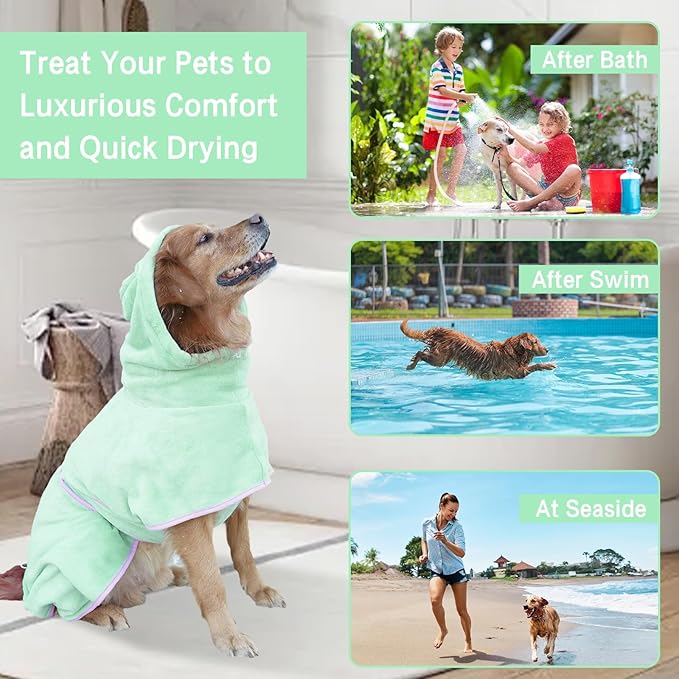 Pet Bathrobe for Dog Cat Absorbently Quick Drying Coat Cute Dogs Bath Towel Hooded Robe Adjustable Collar & Belly Strap for Pool Beach (Green, Small)