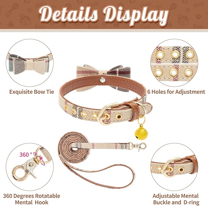 BINGPET Bow Tie Dog Collar with Leash Set - Cute Adjustable Classic Plaid Dog Bandana Collar with Bell, Fit for Small Dogs, Puppies and Cats Outdoor Walking