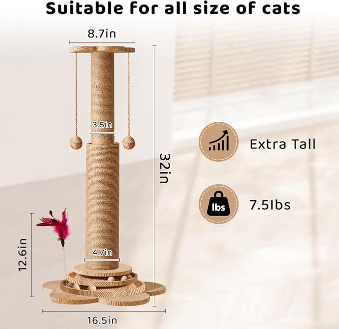 Cat Scratching Post 32" Tall Cat Scratch Post Tree Scratching Posts for Indoor Cats Adults Kitten with Wooden Interactive Ball Toy and Hanging Sisal Ball