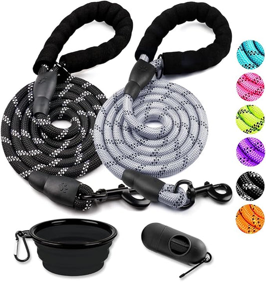 COOYOO 2 Pack Dog Leash 5 FT Heavy Duty - Comfortable Padded Handle - Reflective Dog Leash for Medium Large Dogs with Collapsible Pet Bowl¡­