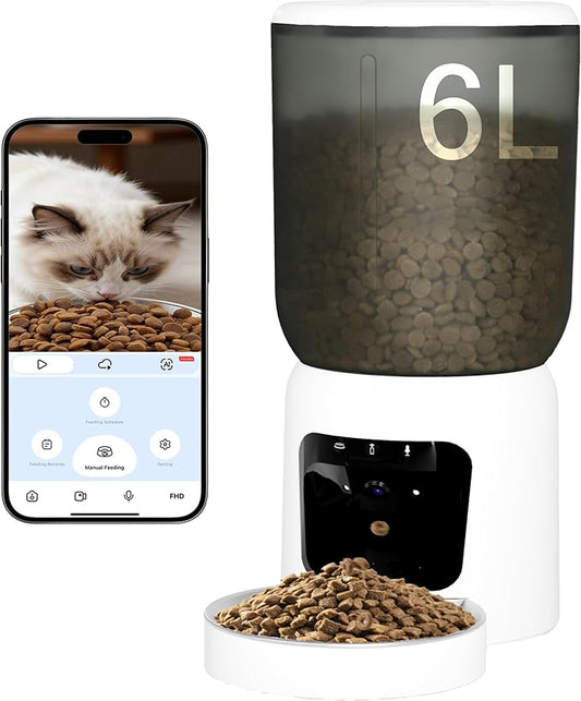 Automatic Cat Feeder with 2K Camera: Cat Food Dispenser with 6L Capacity, Container for Multiple Pet; Automatic Dog Feeder with Night Vision Support 5/2.4GHz & 2-Way Audio, Anti-Jam Design (White)