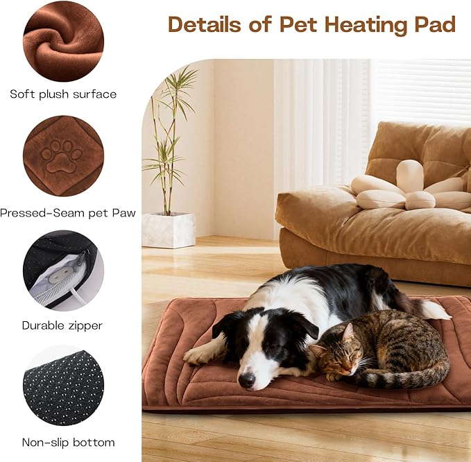 Dog Heating Pad with Washable Cover, Soft Plush Pet Heating Pad with 9 Adjustable Temperature, Timer, Chew-Resistant Cord, Waterproof Electric Heated Pet Bed Mat for Dogs and Cats Indoor