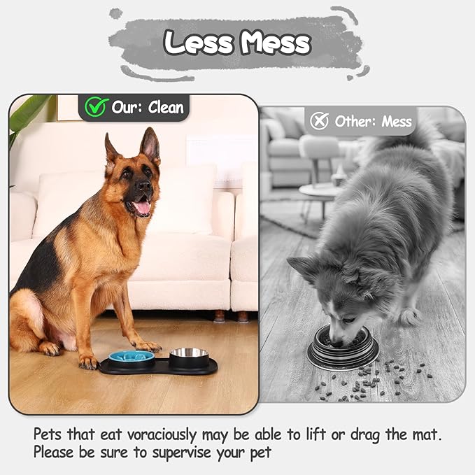 MateeyLife Dog Food Bowl Set 3 in 1, Basic Dog Bowls & Water Stainless Steel Bowl with Non-Spill Silicone Mat, Slow Feeder Bowls for Small, Medium, Large Breeds, Cat Feeding Dish to Anti-Choking