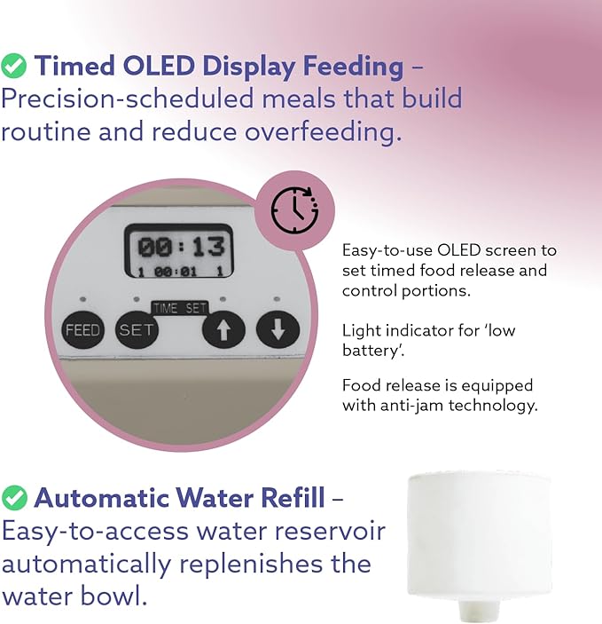 Feeding Friend® Automatic Dog & Cat Food Feeder with Water Dispenser – Smart Pet Feeder with Portion Control, OLED Display, Anti Jam Design, Battery Operated Dispenser for Medium Pets 15-30 lbs- Taupe