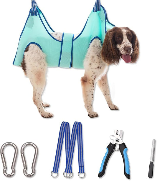 Dog Grooming Hammock,Hanging Harness Holder for Nail Clipping, Nail Trimming Hammock with Wide Strap, Grooming Sling Hanger for Claw Care (X-Large 50 LB Max/Turquoise)
