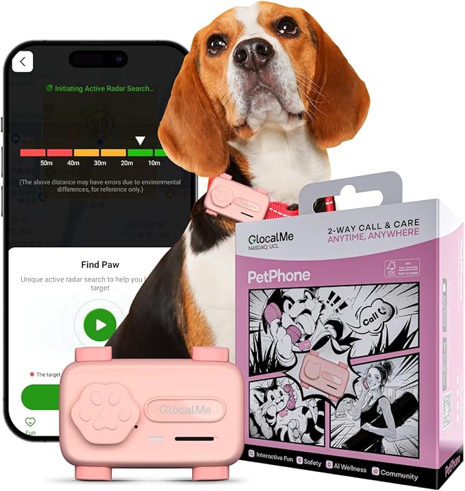 Pet Tracker Support Two-Way Call and AI Health Alerts, Play Music and Pet Community, Real Time Tracking and Virtual Fence, GlocalMe GPS Tracker for Dog and Cat, Global Unlimited Range