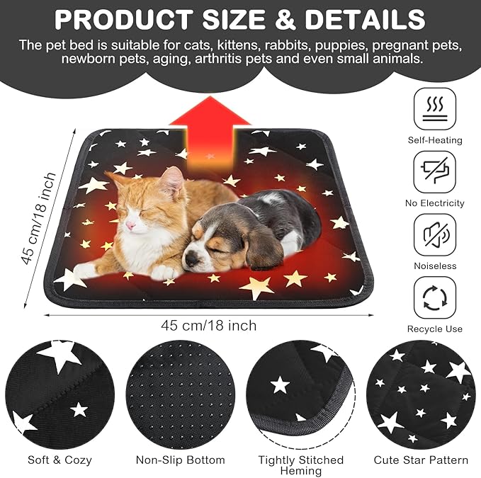 Namalu 4 Pack Self Warming Cat Bed Self Heating Cat Mat Star Pattern Soft Dog Crate Pad Thermal Pet Mat Anti Slip Kennel Dog Washable Warming Bed for Outdoor Indoor(18 x 18 Inch,Black)