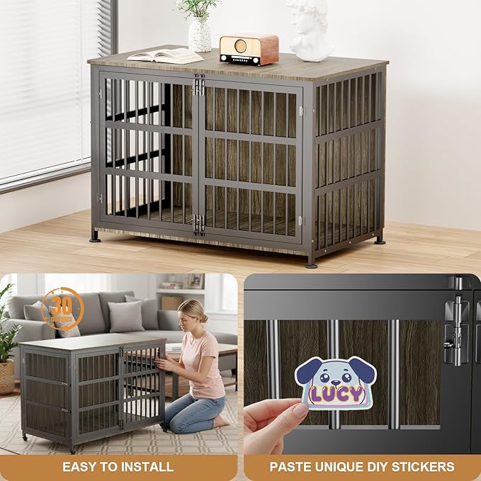 46" Dog Crate Furniture with Wheels, XXL Heavy Duty Dog Kennel Indoor for XL Dogs, Metal Chew-Proof Dog Cage, 45.9" L x 27.6" W x 32.4" H, Decorate House as TV Stand, End Table — Grey