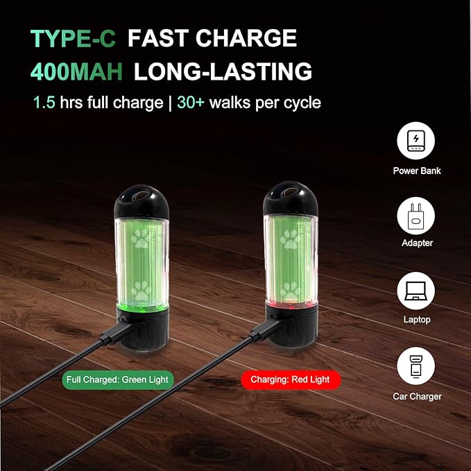 Tubasion 3-in-1 Dog Poop Bag Holder with Flashlight 7-Color, USB-C Rechargeable doggie bag holder for leash, IPX6 Waterproof Anti-Slip Clip Pet Waste Bag Dispenser for Walking (2 Dispensers, 60 Bags)