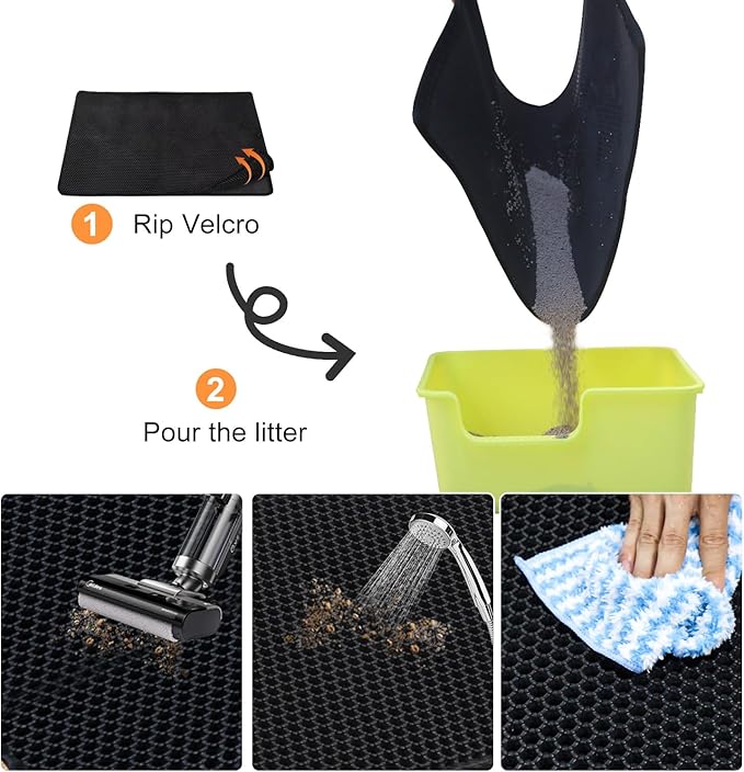 Cat Litter Mat,45"x32" Extra Large Cat Litter Box Mat,Honeycomb Double Layer Kitty Litter Trapping Mat,Soft EVA Material,Urine & Waterproof,Scatter Control,Easy Clean,Washable(Black)