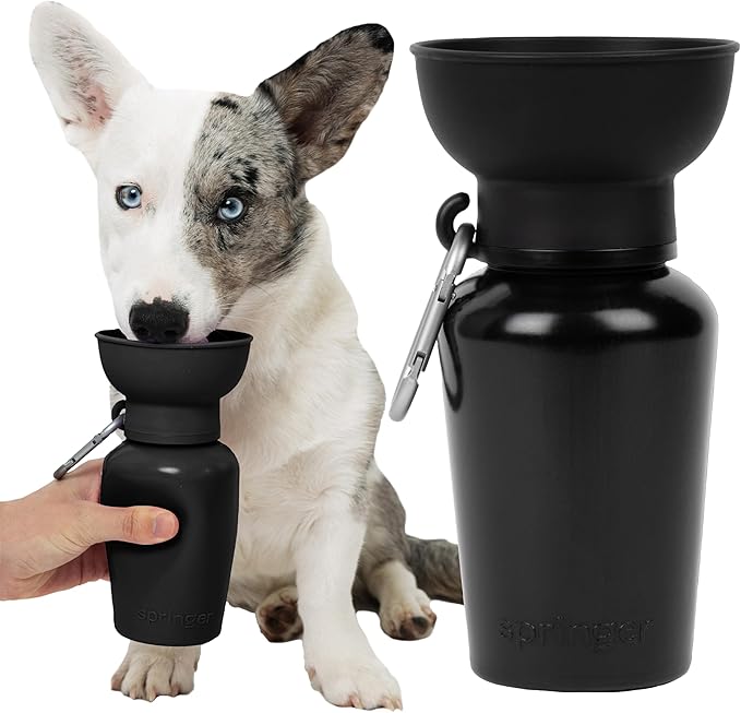 Springer by Springland Flip Portable Dog Water Bottle with Foldable Food Grade Silicone Bowl - 20 Ounce Travel Dog Water Bottle Ideal for Camping - Easy Squeeze Hydration & Release to Drain