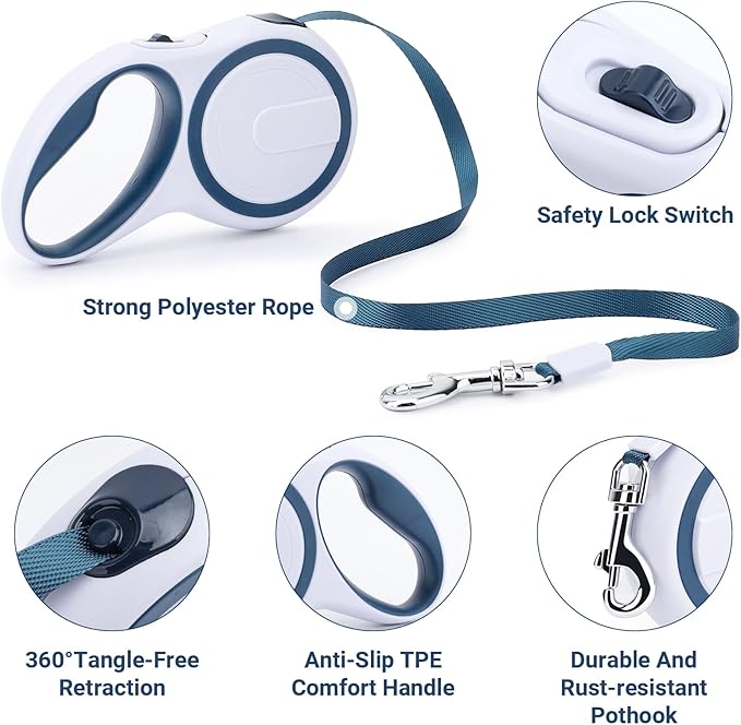 Segarty Extendable Leash, 16ft Heavy Duty Walking Dog Retractable Leash for Medium Small Dogs up to 44lb, Anti-Slip Handle 360°Tangle-Free Nylon Tape, One-Handed One Button Lock (Blue White)