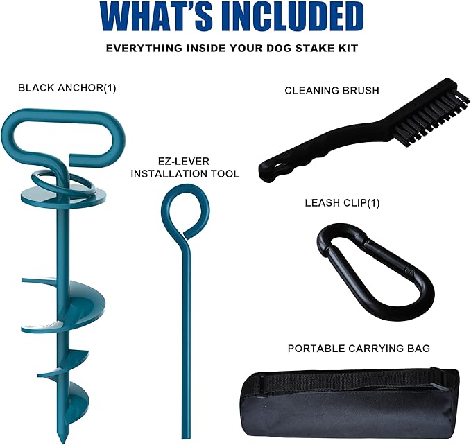 Eurmax USA Dog Tie Out Stake Triple Lock Heavy Duty Dog Anchor for Large Dogs Trampoline Stakes Dog for Yard and Outdoor Dog Runner Install & Travel Kit Included,1-Pack(Navy Blue)