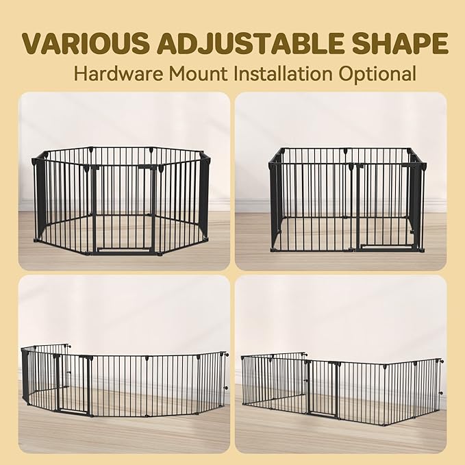 Dog Gate 27.5"-199" Extra-Wide Playpen, Freestanding Pet Gate, Puppy Fence with Auto-Close Door, Double Locking System for Fireplace, Foldable (Black, 8 Panels)