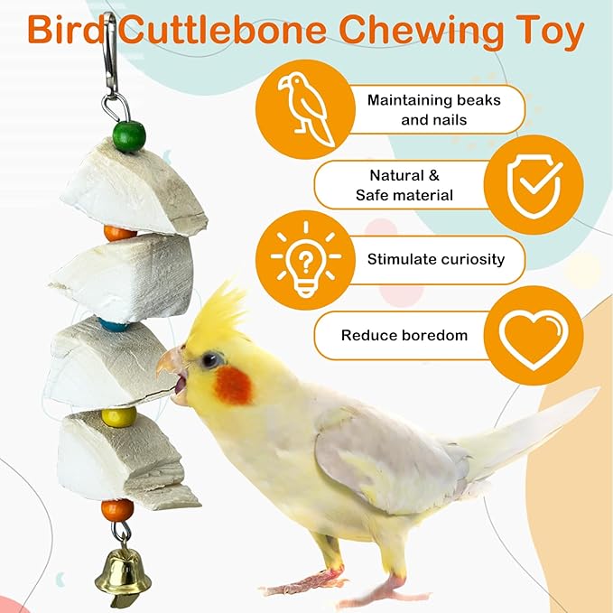 3 Pack Bird Chewing Toy Cuttlebone Parrot Toy with Bell Hanging Bird Beak Grinding Stone Parakeet Cage Accessories for Small Budgies Lovebirds Cockatiels (Block, 4 Per Skewer)