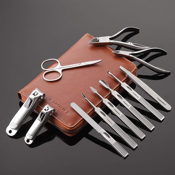 FAMILIFE Manicure Set, Professional Manicure Kit Nail Clippers Set 11 in 1 Stainless Steel Pedicure Tools Nail Kit Men Grooming Tool with Portable Brown Leather Travel Case Luxury Gifts for Him