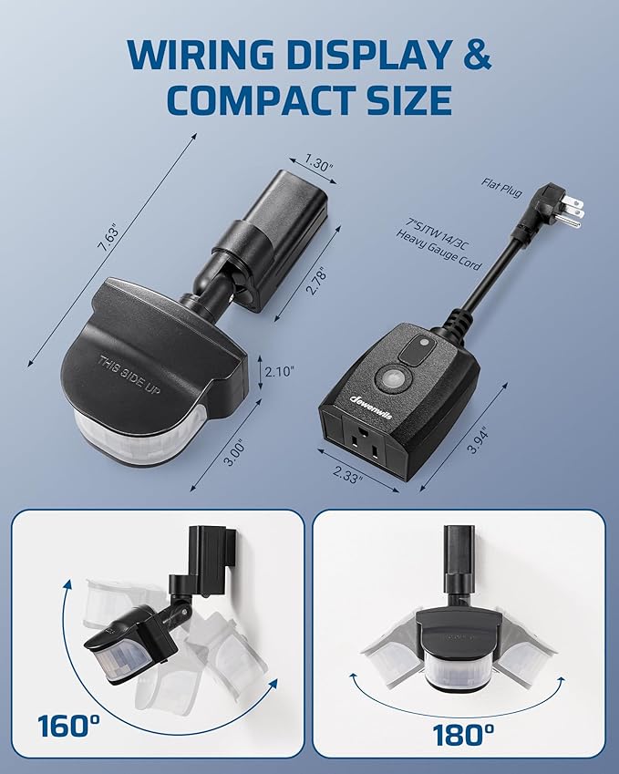 DEWENWILS Motion Sensor Outlet, Indoor Outdoor Motion Sensor Plug Outlet, Adjustable Sensing Angle,50FT Detection Range, 100FT Wireless Light Switch Transmitter, No Wiring, Long Time Delay
