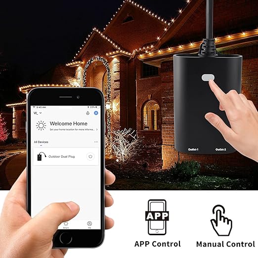 Eva Logjk Outdoor Smart Plug, 2.4G WiFi IP65 Waterproof Weather Resistant Plug-in with Alexa & Google Home, 2 Independent Outlets