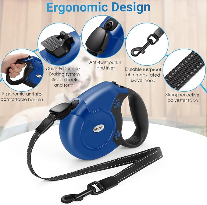 Retractable Dog Leash, 26 Ft Heavy Duty Pet Walking Leash for Small Medium Large Dogs up to 99lbs, Anti-Slip Handle, 360 ° No Tangle, Nylon Tape, One-Handed Brake (Blue)
