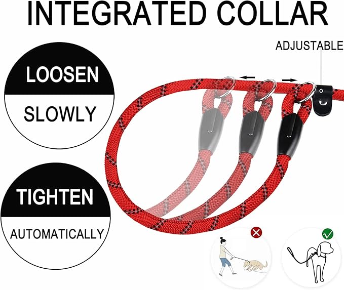 Slip Lead Dog Leash, 6 FT Heavy Duty Dog Leashes, Durable Training Rope Slip Leash with Comfortable Padded Handle and Highly Reflective Threads for Small Medium and Large Dogs, (Red)