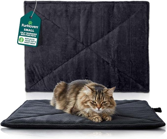 FurHaven ThermaNAP Self Warming Cat Mat, Dog Bed for Crates with Self-Warming Technology for Cozy Rest, Fully Machine Washable, Small, Plush Faux Fur, Black