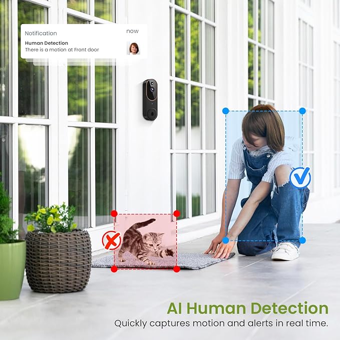 1080P Wireless Video Doorbell Camera, Smart Outdoor Surveillance Cam, FHD Live View, Cloud Storage, AI Human Detection, Night Vision, Two Way Audio, Instant Alert (Brown)