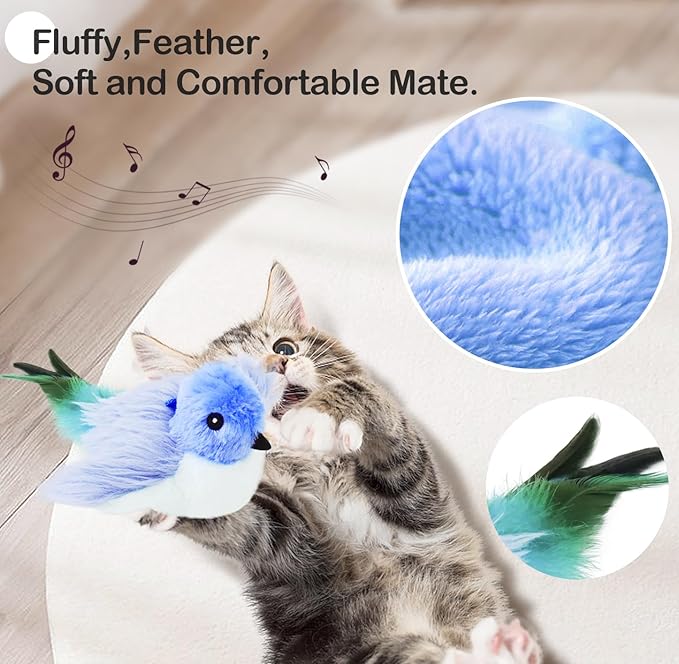 Migipaws Interactive Flapping Bird Cat Toys with Rod, clamp, Elastic String and Catnip, Automatic Chirping Toys for Indoor Cats to Chase, Hanging Feathers for Kitten to Self Play,Rechargeable(Blue)