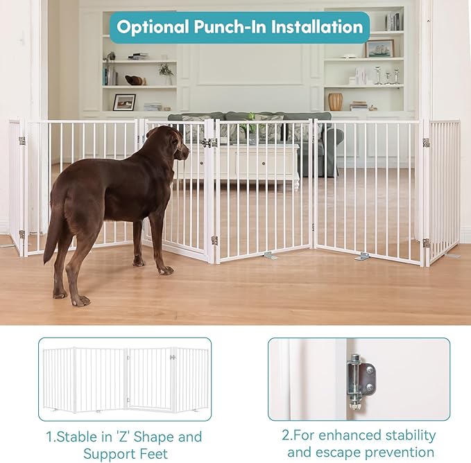 No Pawblems Free Standing Dog Gate with Door, 30'' Tall Foldable Dog Fence for Indoor & Outdoor, Up to 156 Inch Extra Wide Puppy Gate for Stairs, Hallways, Doorways, Deck, Yard (White, 6 Panels)