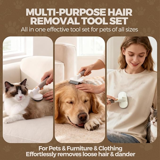 3 in 1 Pet Brush Set for Cats & Dogs - Self Cleaning Deshedding Brush & Slicker,Hair Remover Tool for Indoor Cats Long/Short Hair Pets