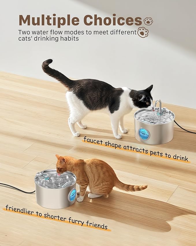 Cat Water Fountain Stainless Steel: 74oz/2.2L Cat Fountain for Drinking - Pet Water Fountain for Cats Inside - Quiet Cats Water Bowl Dispenser - Kitty Drinking Fountains - for Pets& Small Animals