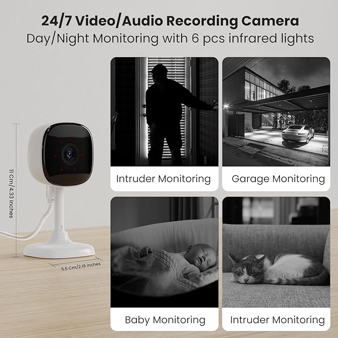 3 Pack Indoor Security Camera 2.4GHz WiFi, 24/7 Recording, 2-Way Audio, Night Vision, AI Motion Detection, Cloud/SD Storage, Compatible with Alexa & Google Home for House/Baby/Pet Monitoring