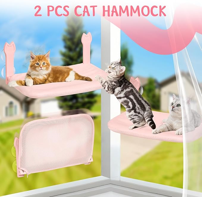 2 Pack Cat Window Perch,Cat Window Hammock Cordless Foldable Window Bed with 4 Large Strong Suction Cup,Reversible Cushion Cover,Metal Frame Easy to Adjust Window Seat Holds up to 40lbs(Pink，M)