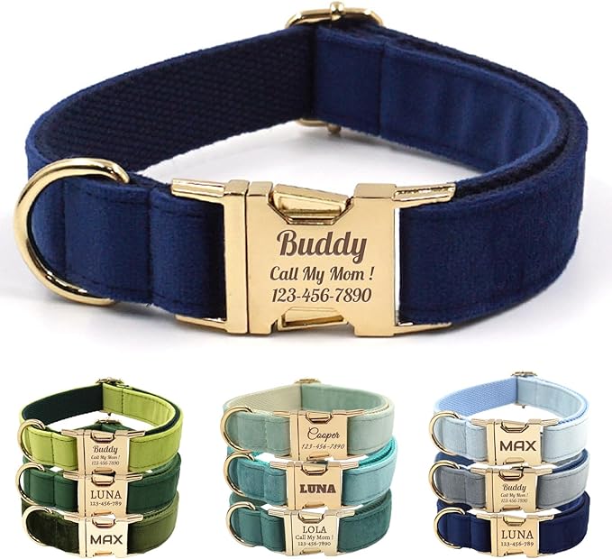 Velvet Personalized Dog Collar with Name - Customizable Dog Collar with Quick Release Metal Buckle - Leash and Bow Tie Available (Midnight Blue, M)